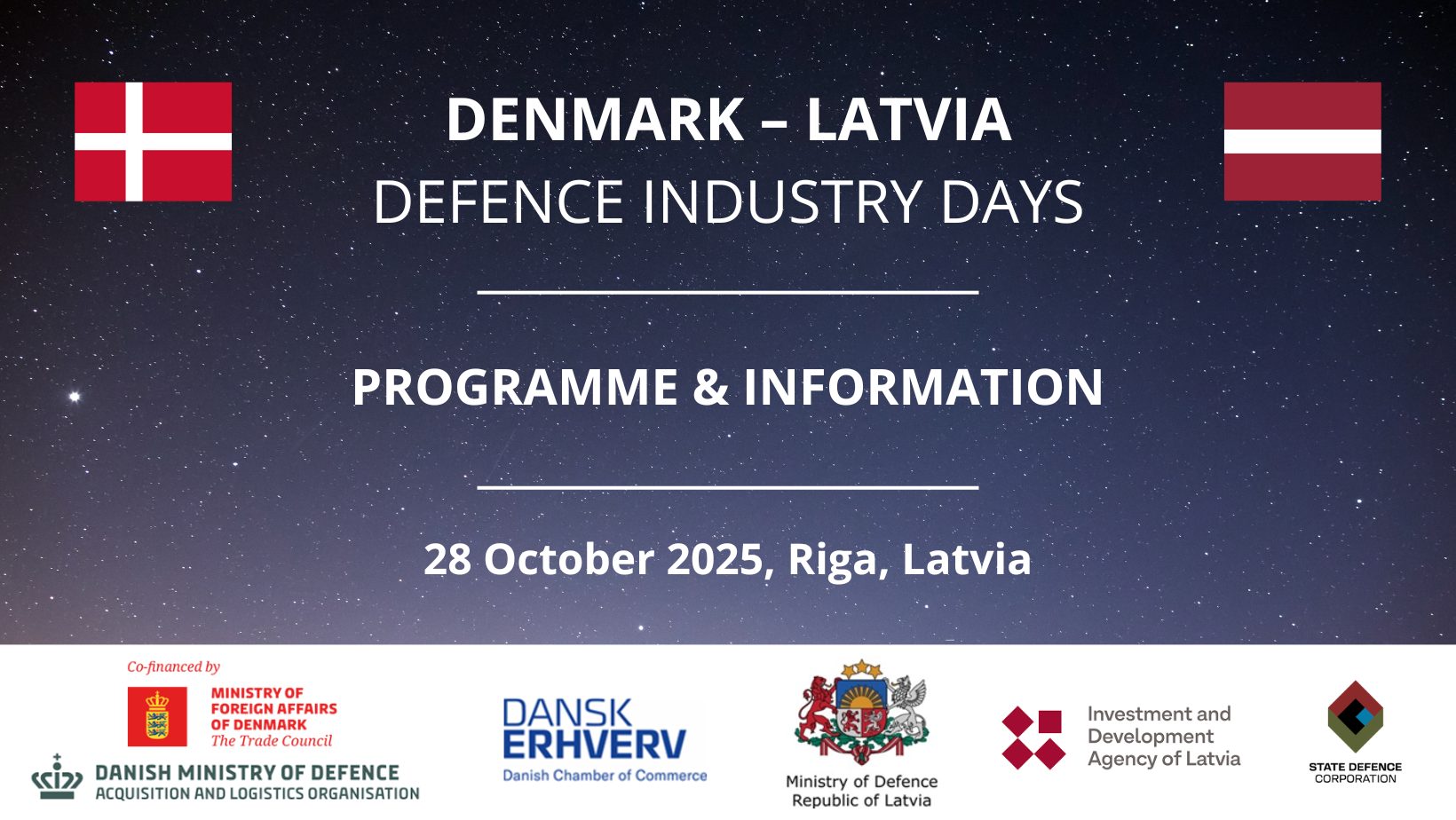 Attēlā ir īsa informācija angliski par Dānijas - Latvijas Aizsardzības industrijas dienām